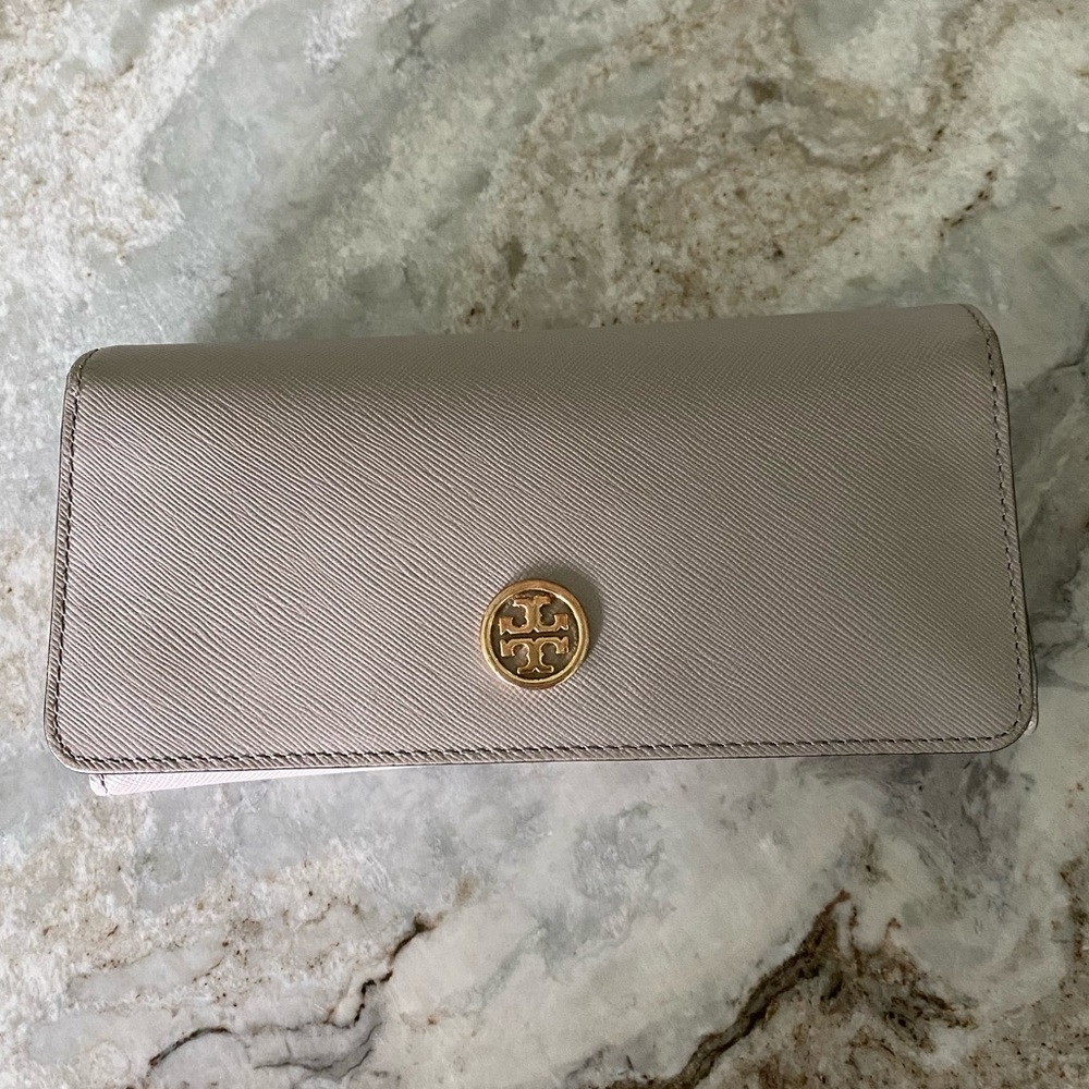 Tory Burch Taupe/Gray Wallet with Gold Logo